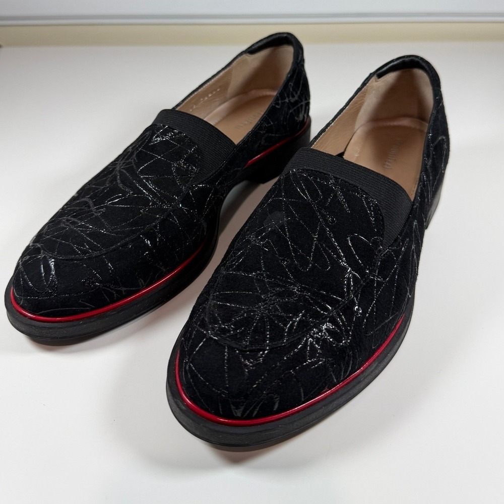 BeautiFeel Loafers Womens 39 Black Red Trim Scribble Suede Slip On Comfort Shoes